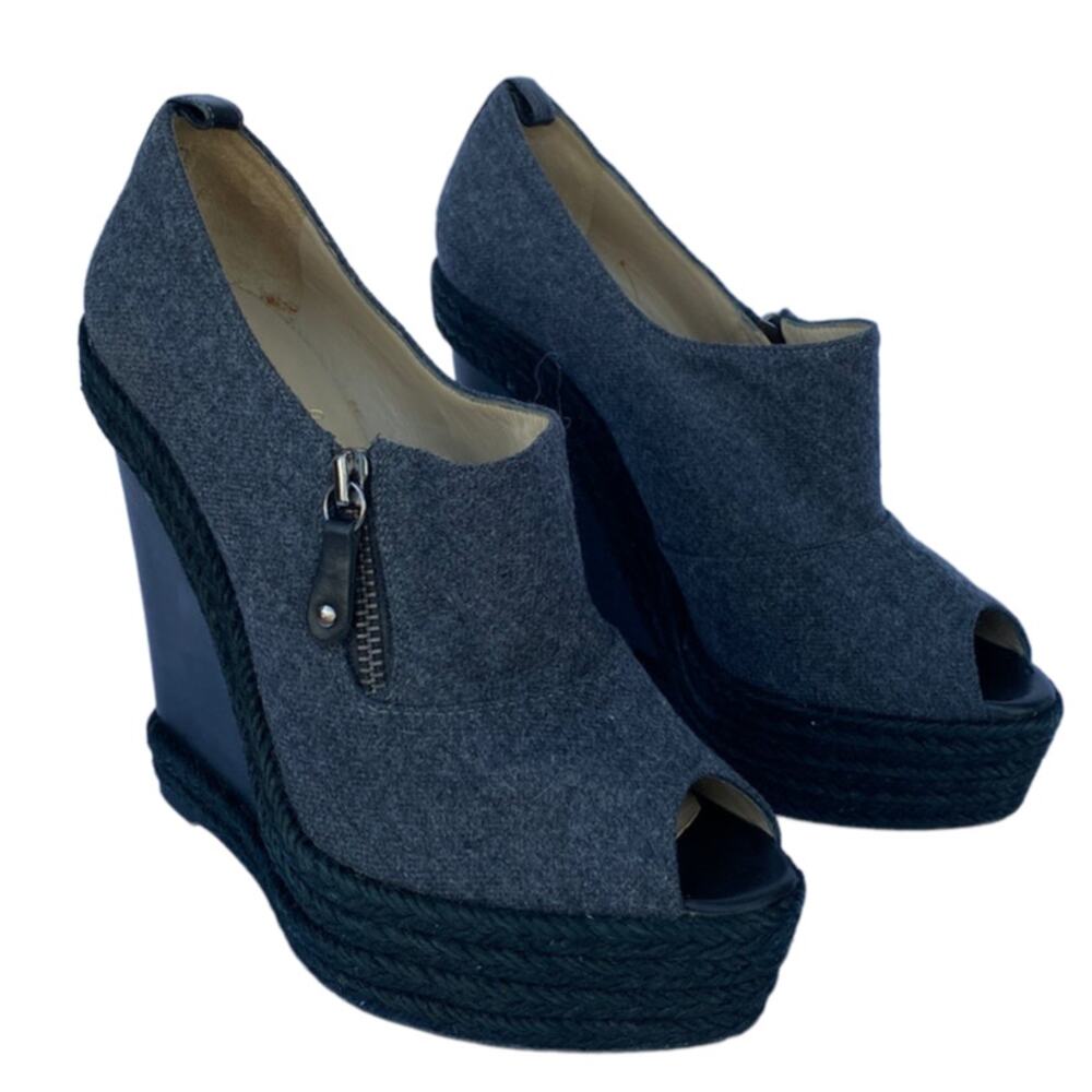 Christian Louboutin Deroba Gray Felt Peep Toe Wedge Booties, EU 38 (US 8) Heels